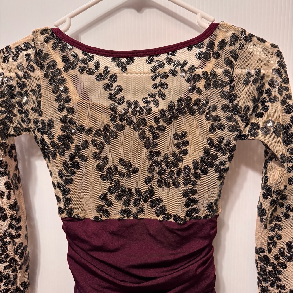 Curtain Call Dance Costume Burgundy and Black Sequin Mesh Top Child’s Large